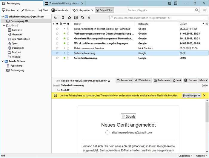 Thunderbird: Posteingang eines Google-Mail-Kontos