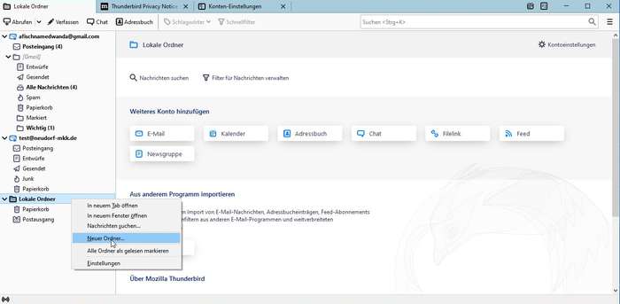 Thunderbird: Lokale Ordner - Unterordner anlegen