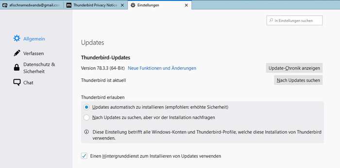 Thunderbird: Einstellungen - Allgemein - Updates