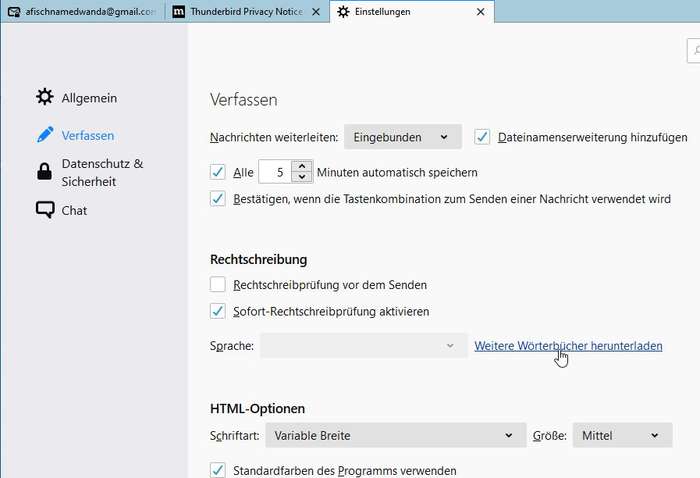 Thunderbird: Einstellungen - Verfassen