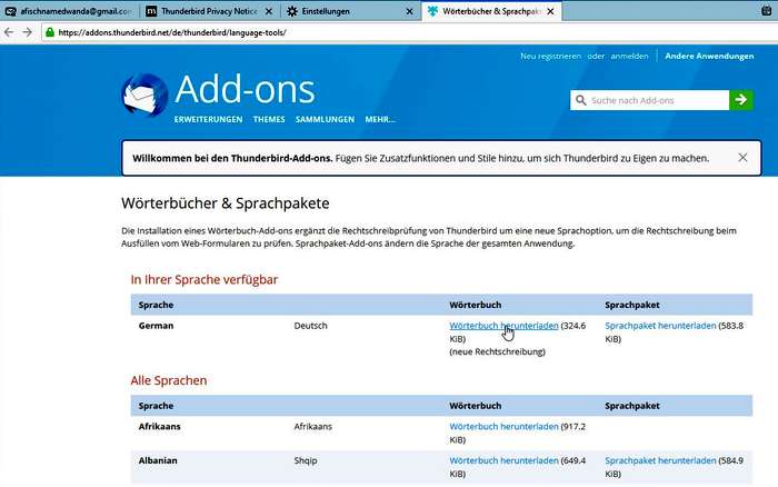 Thunderbird Add-Ons: Deutsches Wörterbuch herunterladen