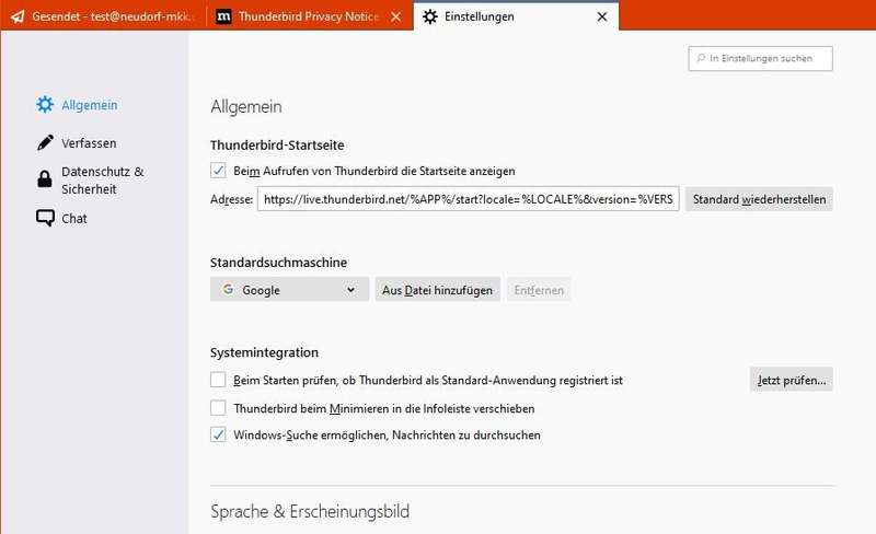 Thunderbird: Einstellungen - Allgemein
