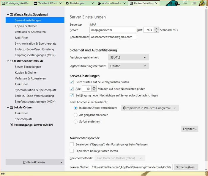 Thunderbird: Konto-Einstellungen - Server-Einstellungen