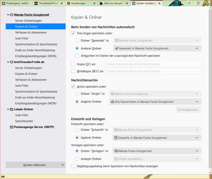 Thunderbird: Konten-Einstellungen - Kopien & Ordner