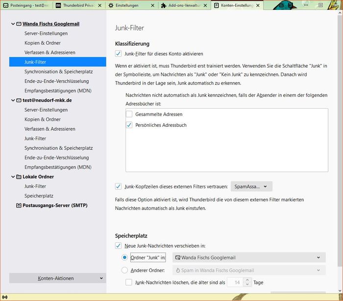 Thunderbird: Konten-Einstellungen - Junk-Filter