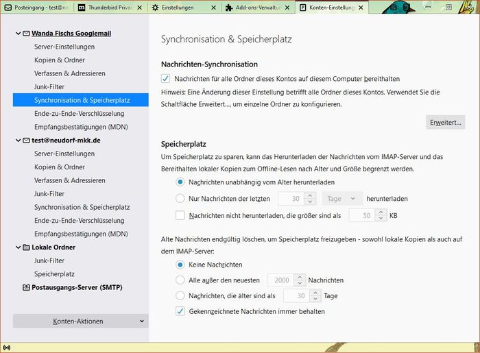 Thunderbird: Konten-Einstellungen - Synchronisation & Speicherplatz