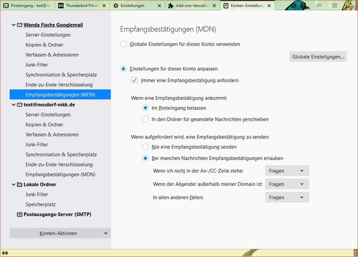 Thunderbird: Konten-Einstellungen - Empfangsbestätigungen