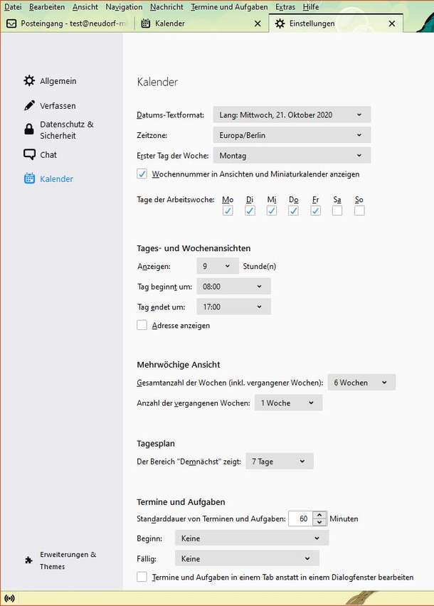 Thunderbird: Kalender - Einstellungen