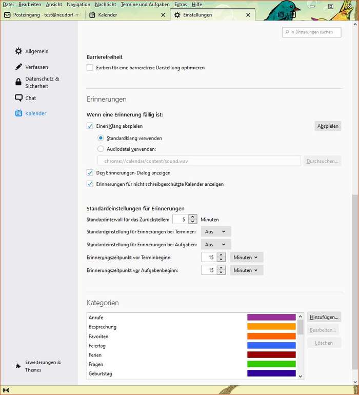 Thunderbird: Kalender - Einstellungen