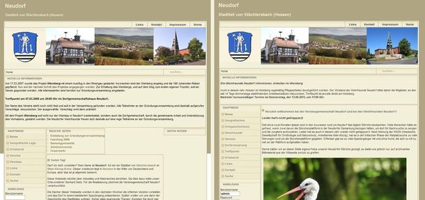 Homepage im Frühjahr 2008 (links) und im Frühjahr 2013 (rechts)