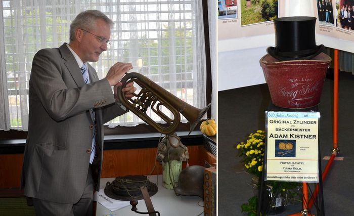 Bürgermeister Weiher mit historischem Blasinstrument / Zylinder des Bäckermeisters Adam Kistner