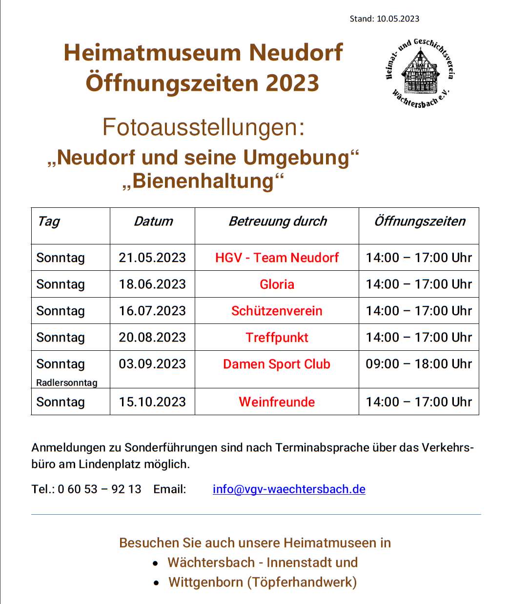 Öffnungszeiten 2023 des Heimatmuseums Neudorf