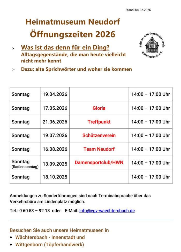 Öffnungszeiten 2026