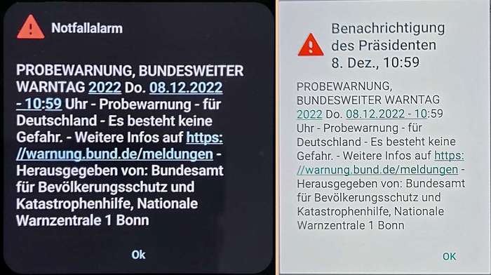 Notfallalarm per Cell Broadcast auf zwei verschiedenen Smartphones