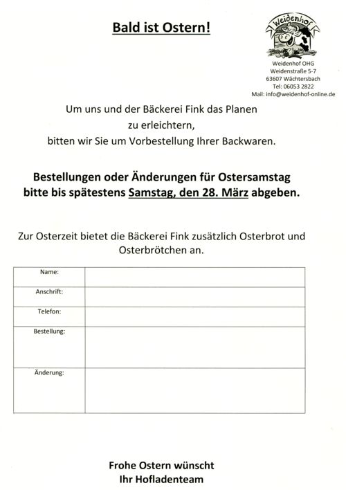 Bestellformular Backwaren Bestellformular Backwaren