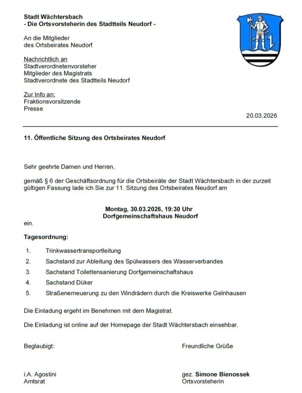 Einladung zur Ortsbeiratssitzung Neudorf am 30.03.2026