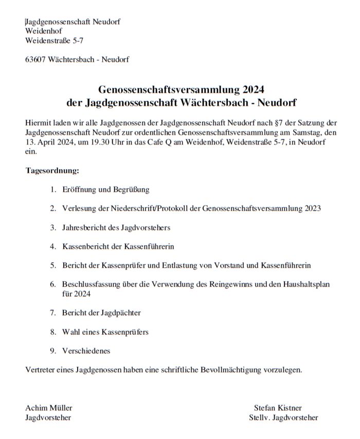 Jagdgenossenschaft Neudorf: Einladung zur Genossenschaftsversammlung 2024