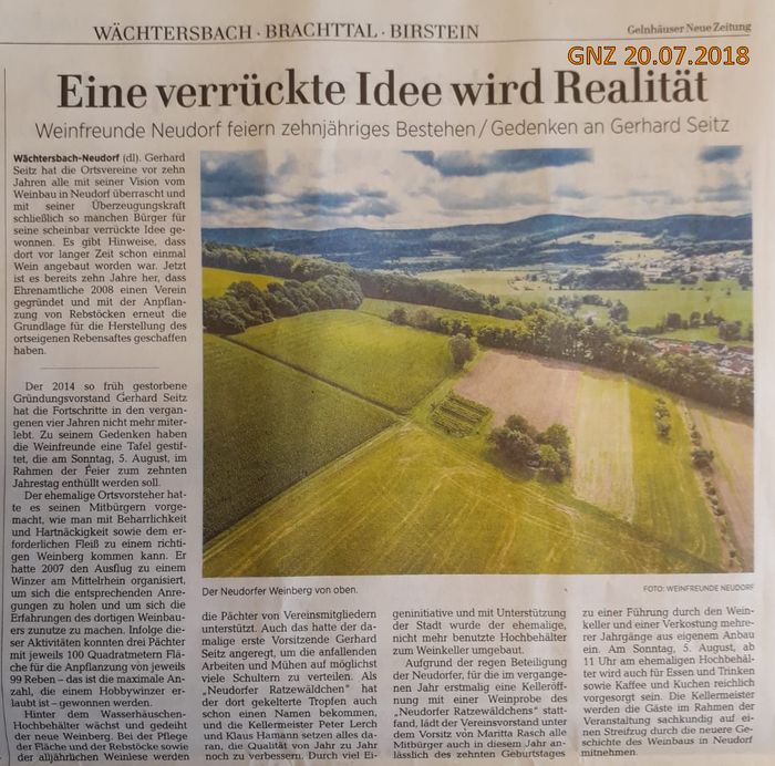 GNZ-Artikel über die Weinfreunde Neudorf vom 20.07.2018