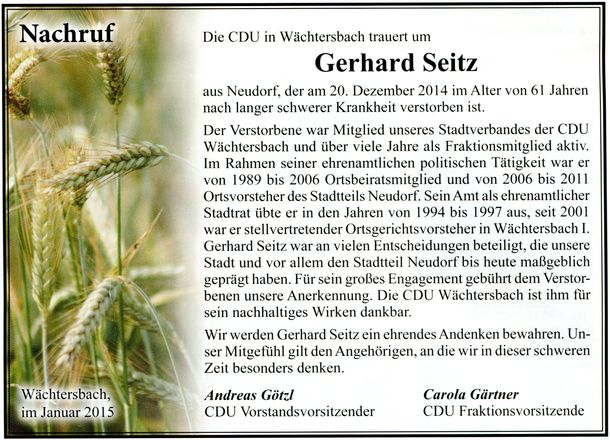 Gerhard Seitz Traueranzeige CDU