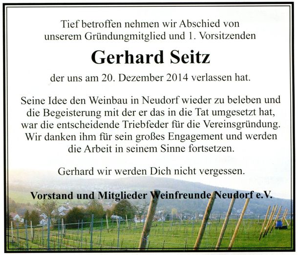 Traueranzeige der Weinfreunde für Gerhard Seitz 